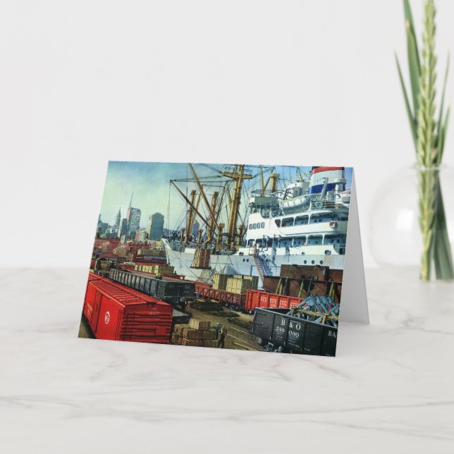Vintage Business, Docked Cargo Ship Transportation Card (Front)