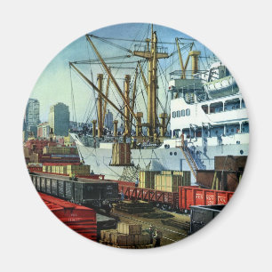 Vintage Business, Docked Cargo Ship Transportation Magnet