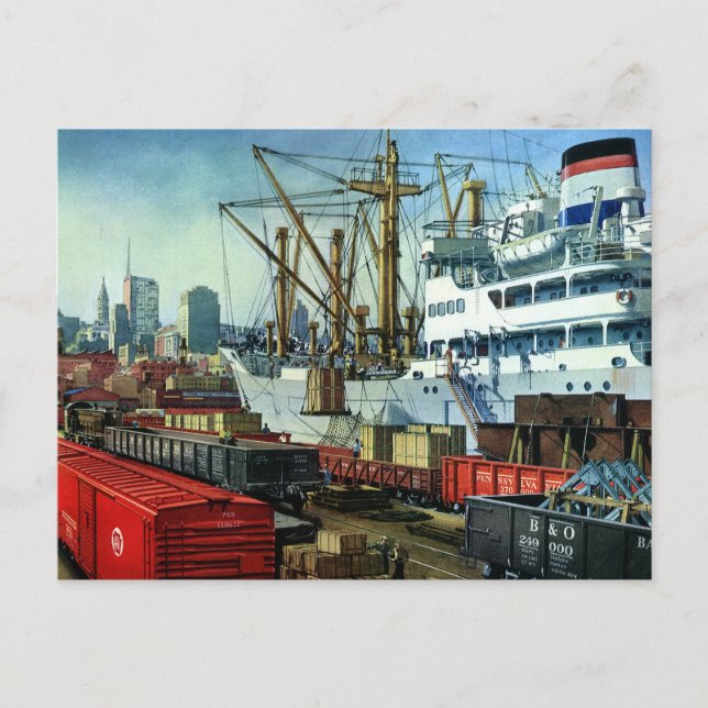 Vintage Business, Docked Cargo Ship Transportation Postcard (Front)