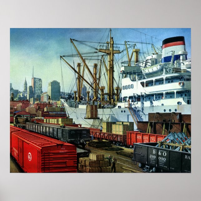Vintage Business, Docked Cargo Ship Transportation Poster (Front)