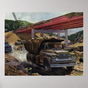 Vintage Business Dump Truck at a Construction Site Poster