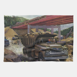 Vintage Business Dump Truck at a Construction Site Tea Towel