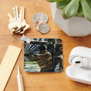 Vintage Business Electrician Working in Snow Storm Key Ring