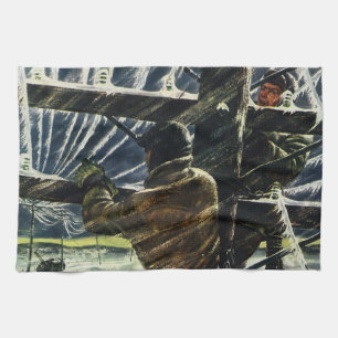 Vintage Business Electrician Working in Snow Storm Tea Towel
