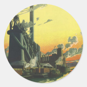 Vintage Business Factory, Manufacturing on a Dock Classic Round Sticker