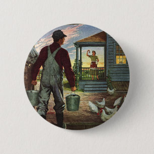 Vintage Business, Farm with Farmer and Chickens 6 Cm Round Badge