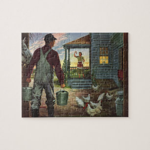 Vintage Business, Farm with Farmer and Chickens Jigsaw Puzzle
