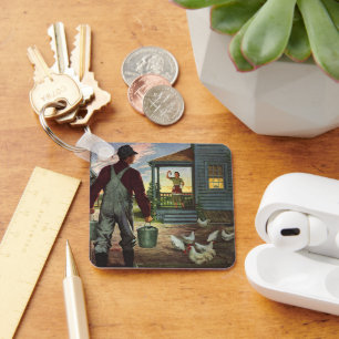 Vintage Business, Farm with Farmer and Chickens Key Ring