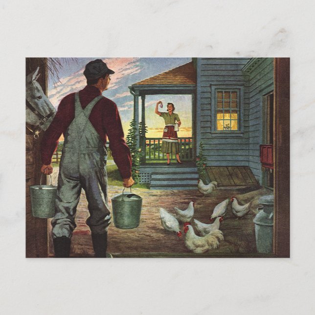 Vintage Business, Farm with Farmer and Chickens Postcard (Front)