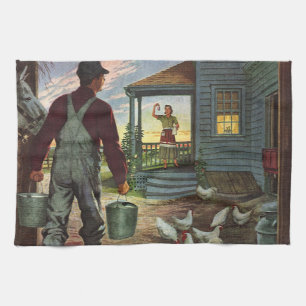 Vintage Business, Farm with Farmer and Chickens Tea Towel