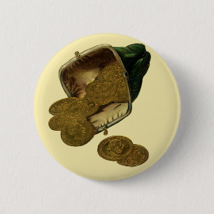 Vintage Business Finance, Gold Coin Money in Purse 6 Cm Round Badge