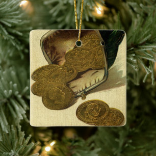 Vintage Business Finance, Gold Coin Money in Purse Ceramic Tree Decoration