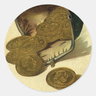 Vintage Business Finance, Gold Coin Money in Purse Classic Round Sticker