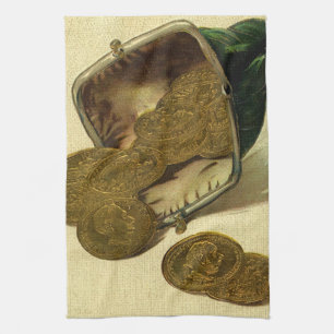 Vintage Business Finance, Gold Coin Money in Purse Tea Towel