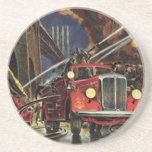 Vintage Business, Firemen Firefighters Fire Trucks Coaster