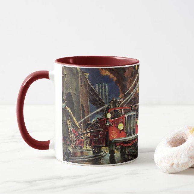 Vintage Business, Firemen Firefighters Fire Trucks Mug (With Donut)