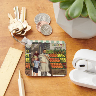 Vintage Business, Fruit Stand with Grocer and Boy Key Ring