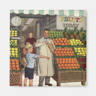 Vintage Business, Fruit Stand with Grocer and Boy Magnet