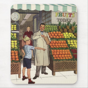 Vintage Business, Fruit Stand with Grocer and Boy Mouse Mat
