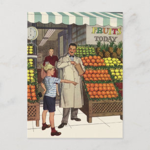 Vintage Business, Fruit Stand with Grocer and Boy Postcard