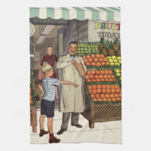 Vintage Business, Fruit Stand with Grocer and Boy Tea Towel