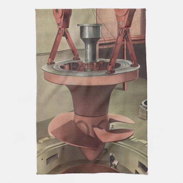 Vintage Business, Giant Water Turbine Energy Tea Towel (Vertical)