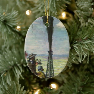 Vintage Business, Gushing Oil Well with Workers Ceramic Tree Decoration