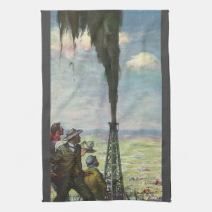 Vintage Business, Gushing Oil Well with Workers Tea Towel