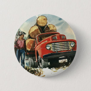 Vintage Business, Logging Truck with Lumberjacks 6 Cm Round Badge