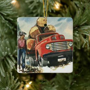 Vintage Business, Logging Truck with Lumberjacks Ceramic Tree Decoration