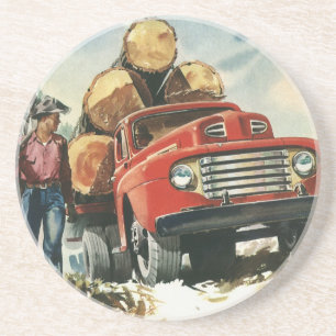 Vintage Business, Logging Truck with Lumberjacks Coaster