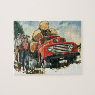 Vintage Business, Logging Truck with Lumberjacks Jigsaw Puzzle