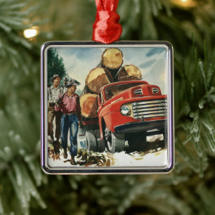 Vintage Business, Logging Truck with Lumberjacks Metal Tree Decoration