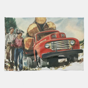 Vintage Business, Logging Truck with Lumberjacks Tea Towel