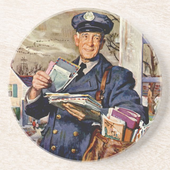 Vintage Business, Mailman Delivering Mail Letters Coaster (Front)