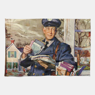 Vintage Business, Mailman Delivering Mail Letters Tea Towel