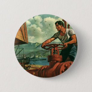 Vintage Business, Oil Tanker Ship with Dock Worker 6 Cm Round Badge