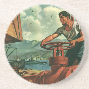 Vintage Business, Oil Tanker Ship with Dock Worker Coaster