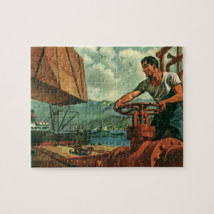 Vintage Business, Oil Tanker Ship with Dock Worker Jigsaw Puzzle