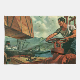 Vintage Business, Oil Tanker Ship with Dock Worker Tea Towel