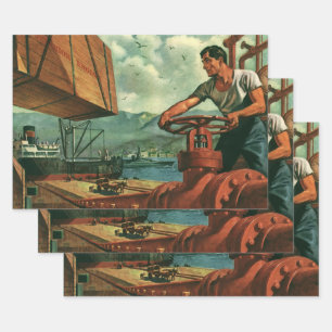 Vintage Business, Oil Tanker Ship with Dock Worker Wrapping Paper Sheet