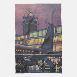 Vintage Business Passengers on Aeroplane at Airpor Tea Towel