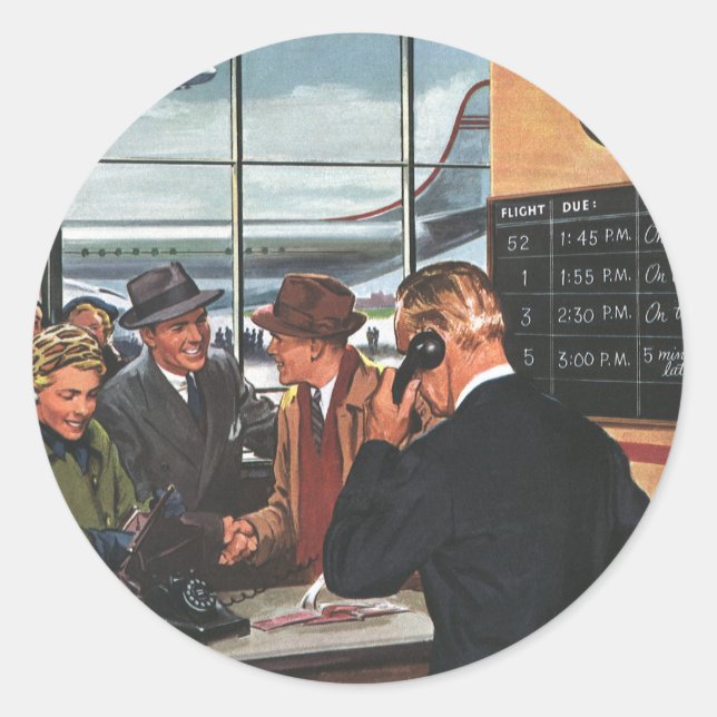 Vintage Business, People at Airline Counter Classic Round Sticker (Front)