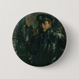 Vintage Business, Policeman on Emergency Telephone 6 Cm Round Badge