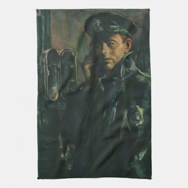 Vintage Business, Policeman on Emergency Telephone Tea Towel (Vertical)