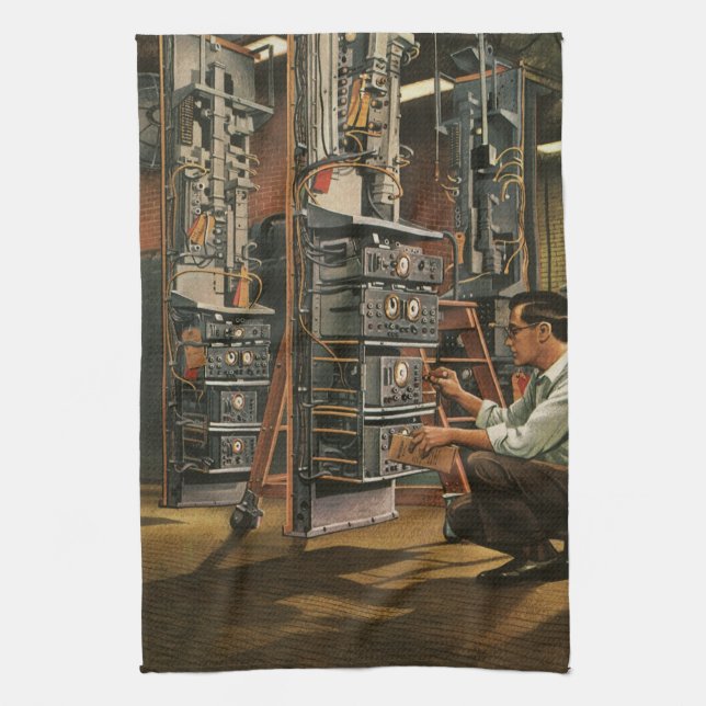 Vintage Business Radio Technician Fixing Equipment Tea Towel (Vertical)