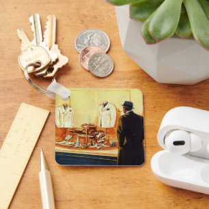 Vintage Business Retail Store, Man Window Shopping Key Ring