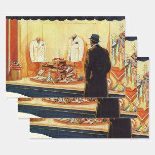 Vintage Business Retail Store, Man Window Shopping Wrapping Paper Sheet