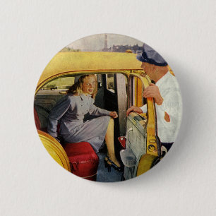Vintage Business, Taxi Cab Driver Woman Passenger 6 Cm Round Badge