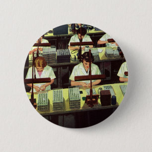 Vintage Business, Telephone Assembly Line Workers 6 Cm Round Badge